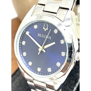 Bulova Women's Watch 96P229 Surveyor Quartz Blue Dial Diamond Marks Silv…